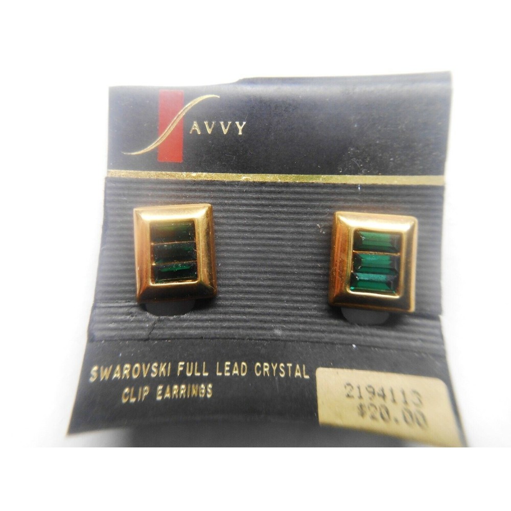 Vintage Swarovski Savvy Collection Gold Dark Green Crystal Clip-on Earrings